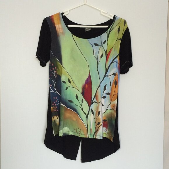 Simply Art Dolcezza Womens Top Tunic Small Multicolor Leaf Pattern Cap Sleeve - Picture 1 of 4